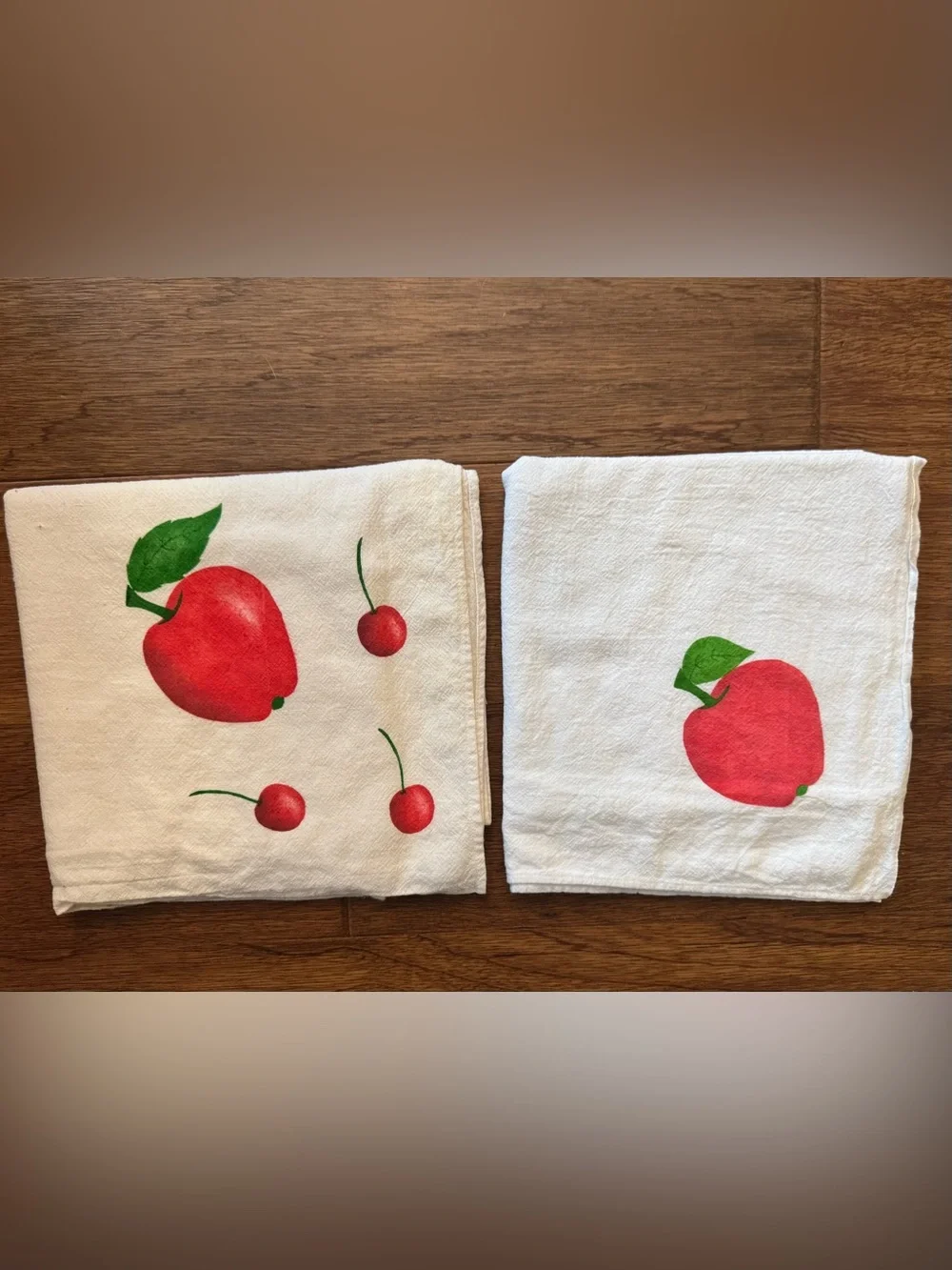 2 Vintage Flour Sack Cotton Dish Towels Red Cherry & Apple Cotton Kitchen Towels